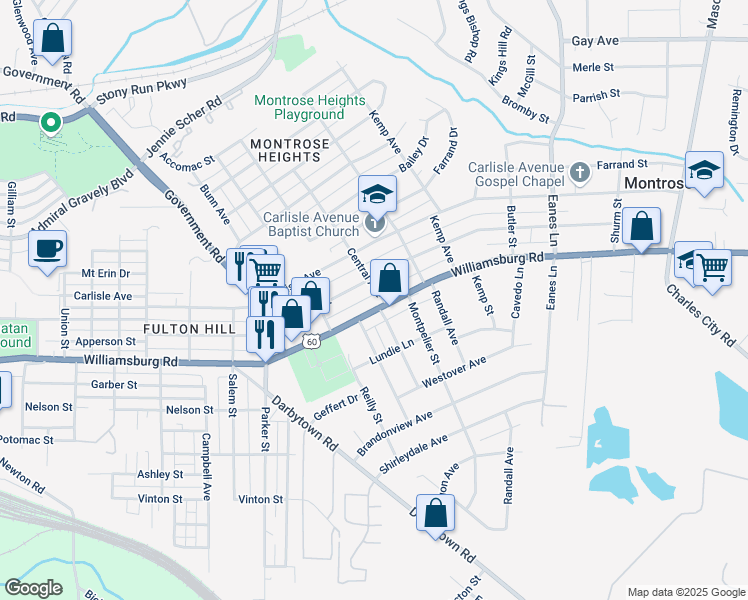 map of restaurants, bars, coffee shops, grocery stores, and more near 1822 Williamsburg Road in Richmond