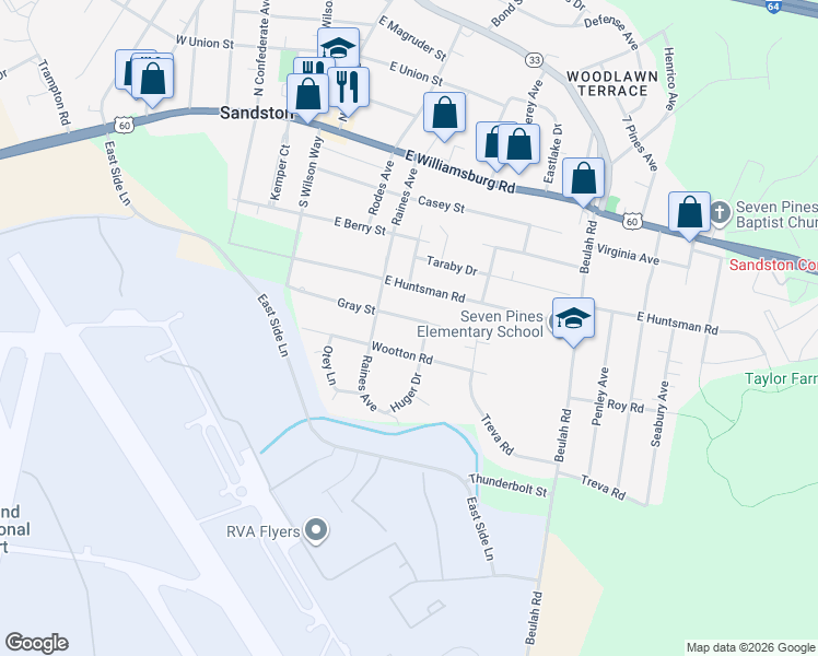map of restaurants, bars, coffee shops, grocery stores, and more near 111 E Gray St in Sandston