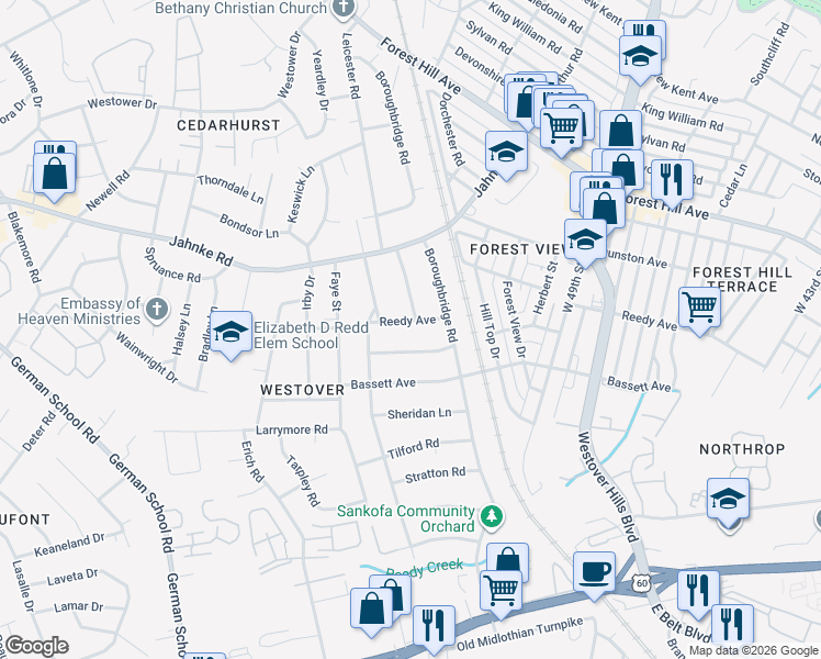map of restaurants, bars, coffee shops, grocery stores, and more near 5233 Reedy Avenue in Richmond