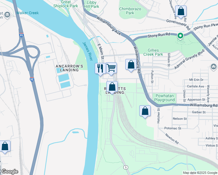map of restaurants, bars, coffee shops, grocery stores, and more near 4845 Old Main Street in Richmond