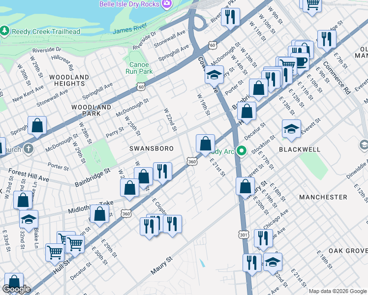 map of restaurants, bars, coffee shops, grocery stores, and more near 22 West 21st Street in Richmond