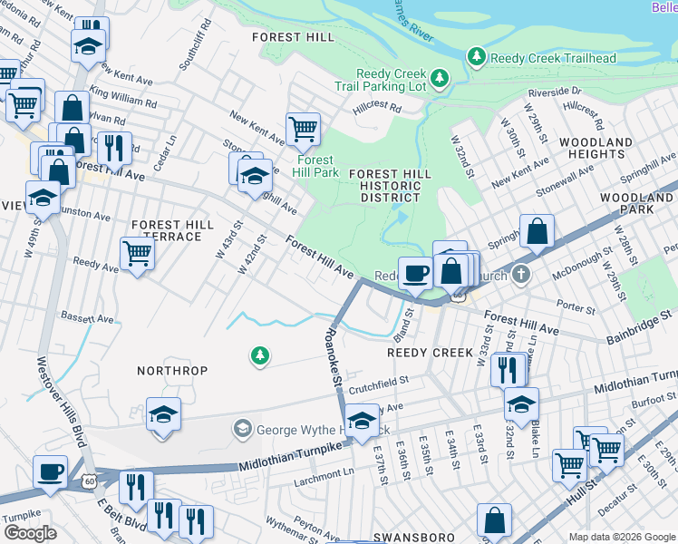map of restaurants, bars, coffee shops, grocery stores, and more near 4008 Forest Hill Avenue in Richmond