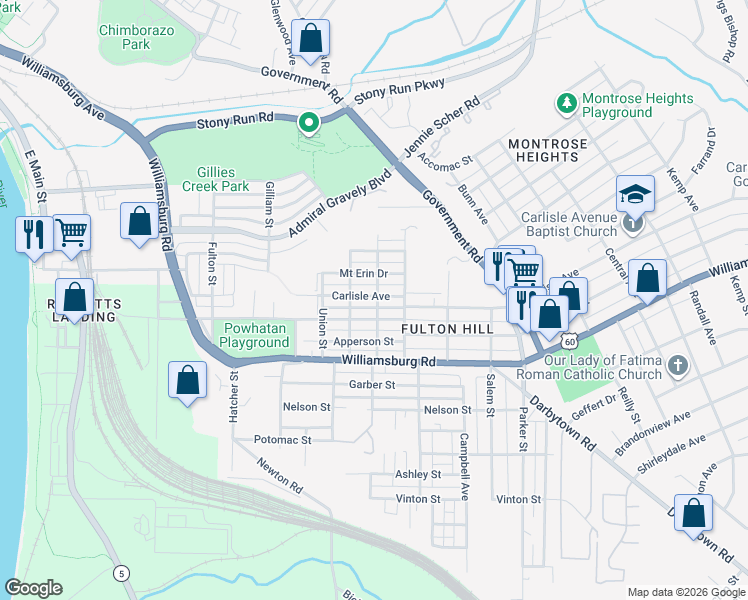 map of restaurants, bars, coffee shops, grocery stores, and more near 1215 Carlisle Avenue in Richmond