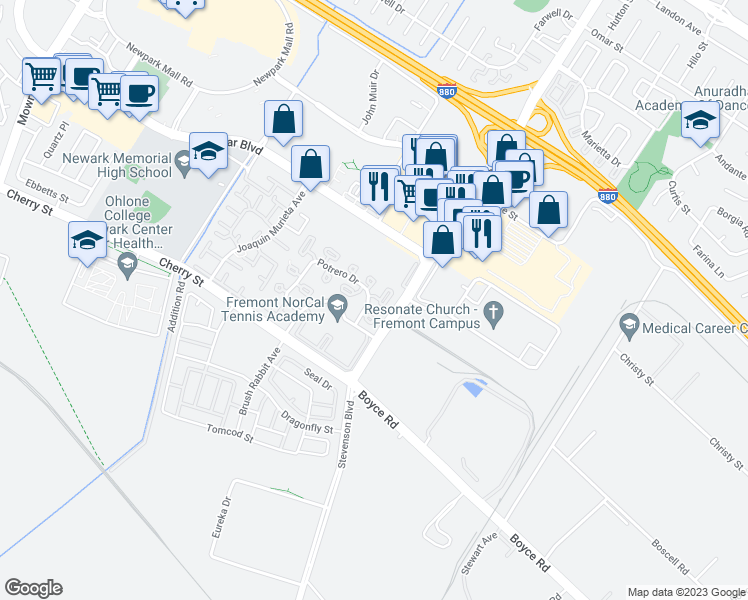 map of restaurants, bars, coffee shops, grocery stores, and more near 39896 Potrero Drive in Newark