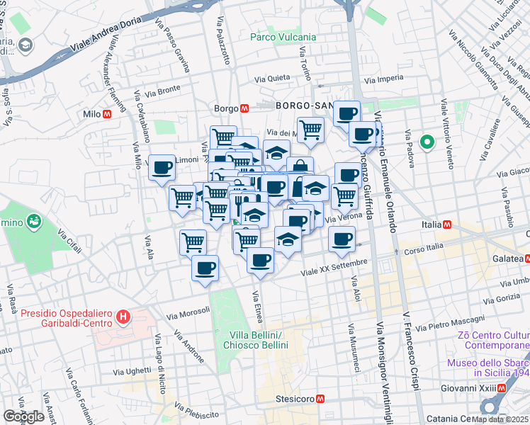map of restaurants, bars, coffee shops, grocery stores, and more near 48 Via Monserrato in Catania
