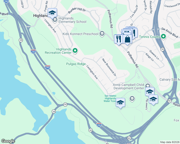 map of restaurants, bars, coffee shops, grocery stores, and more near 1990 Lexington Avenue in San Mateo