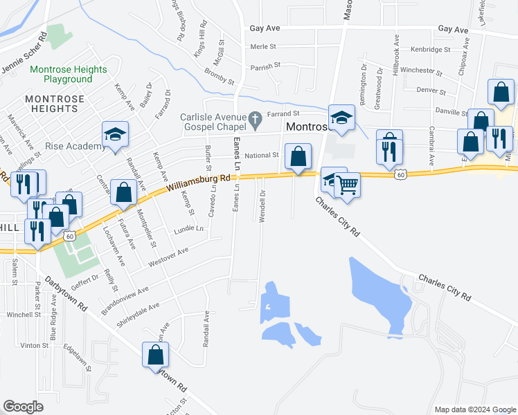 map of restaurants, bars, coffee shops, grocery stores, and more near 5125 Carters Pond Court in Henrico