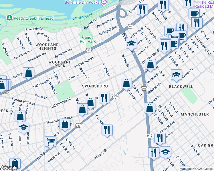 map of restaurants, bars, coffee shops, grocery stores, and more near 2216 Bainbridge Street in Richmond