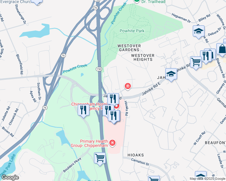 map of restaurants, bars, coffee shops, grocery stores, and more near 1209 Boulder Creek Road in Richmond