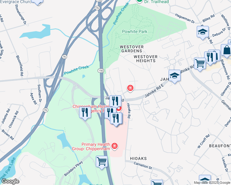 map of restaurants, bars, coffee shops, grocery stores, and more near 1209 Boulder Creek Road in Richmond
