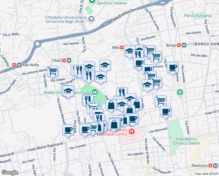 map of restaurants, bars, coffee shops, grocery stores, and more near Via Cappuccini Vecchi in Catania