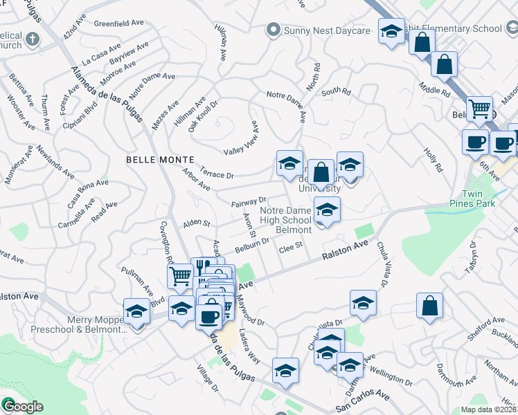 map of restaurants, bars, coffee shops, grocery stores, and more near 1720 Francis Court in Belmont