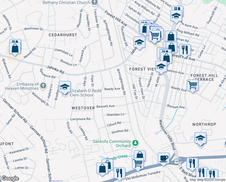 map of restaurants, bars, coffee shops, grocery stores, and more near 5233 Reedy Avenue in Richmond