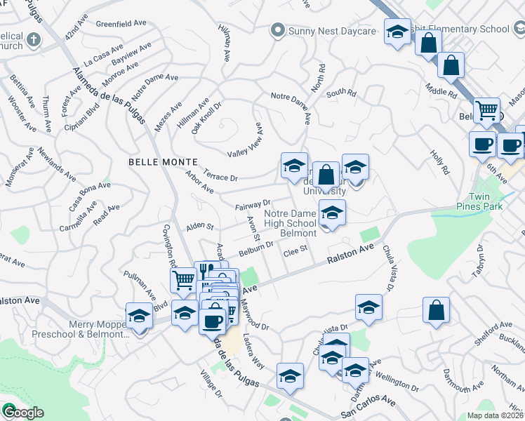 map of restaurants, bars, coffee shops, grocery stores, and more near 1720 Francis Court in Belmont