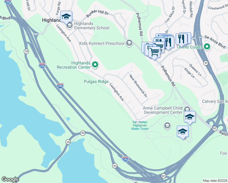 map of restaurants, bars, coffee shops, grocery stores, and more near 1990 Lexington Avenue in San Mateo
