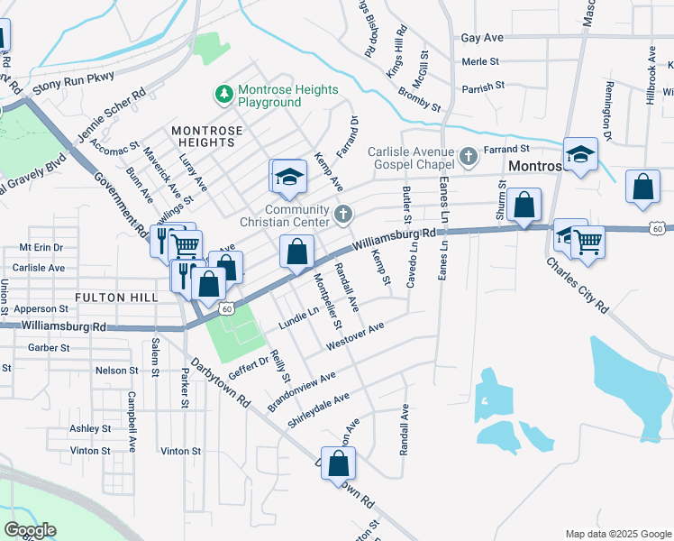 map of restaurants, bars, coffee shops, grocery stores, and more near 5100 Randall Avenue in Henrico