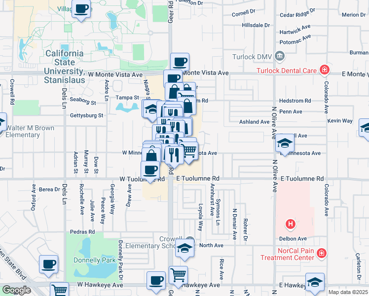 map of restaurants, bars, coffee shops, grocery stores, and more near 2602 Geer Road in Turlock
