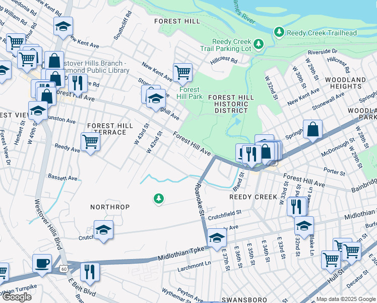 map of restaurants, bars, coffee shops, grocery stores, and more near 4025 Sharon Court in Richmond