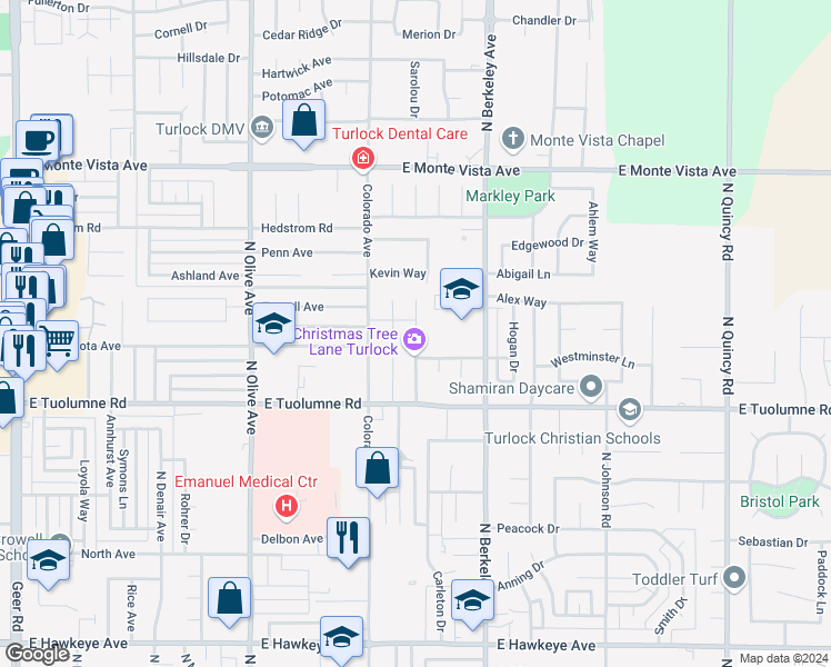 map of restaurants, bars, coffee shops, grocery stores, and more near 2601 Greeley Court in Turlock