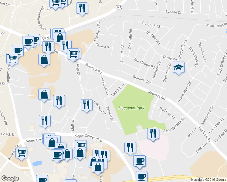 map of restaurants, bars, coffee shops, grocery stores, and more near 1812 Larkhill Lane in Richmond