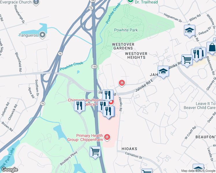 map of restaurants, bars, coffee shops, grocery stores, and more near 1201 Boulder Creek Road in Richmond