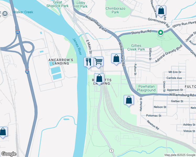map of restaurants, bars, coffee shops, grocery stores, and more near 220 Rocketts Way in Richmond