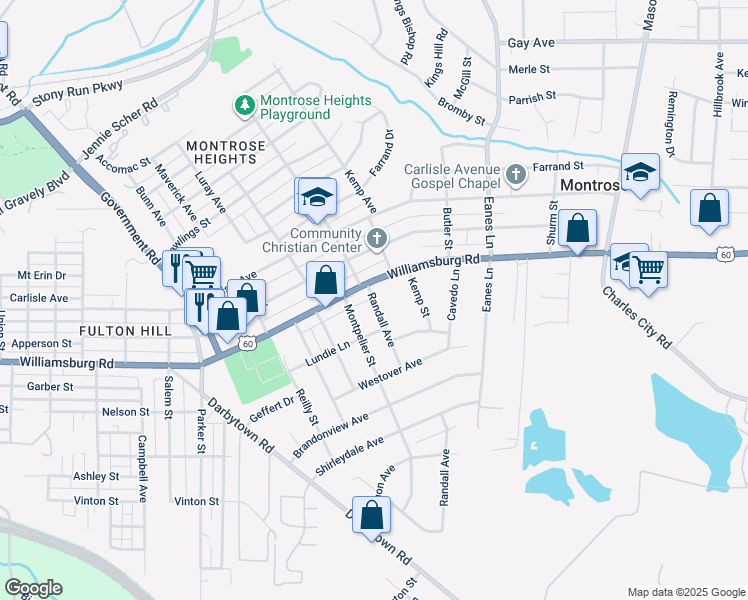 map of restaurants, bars, coffee shops, grocery stores, and more near 5100 Randall Avenue in Henrico