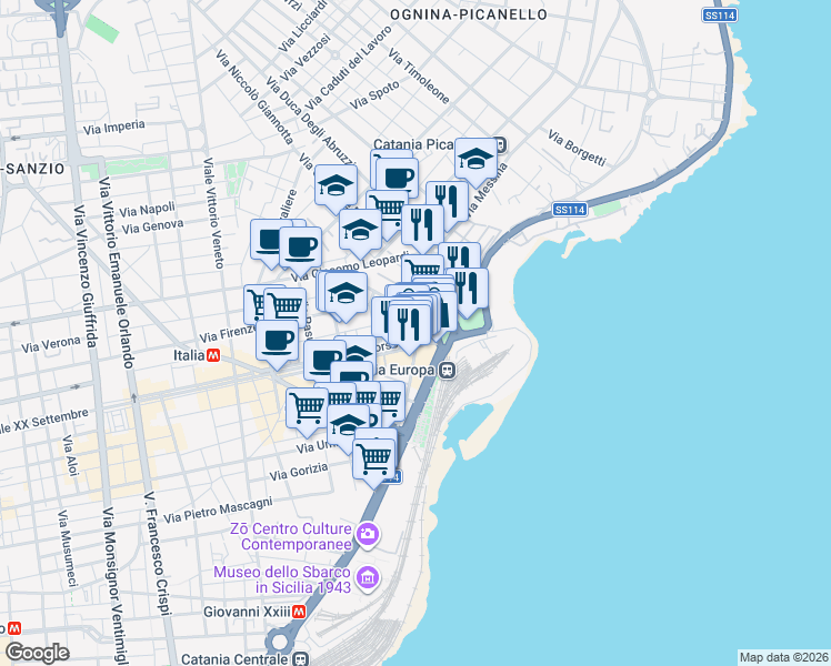 map of restaurants, bars, coffee shops, grocery stores, and more near 243 Corso Italia in Catania