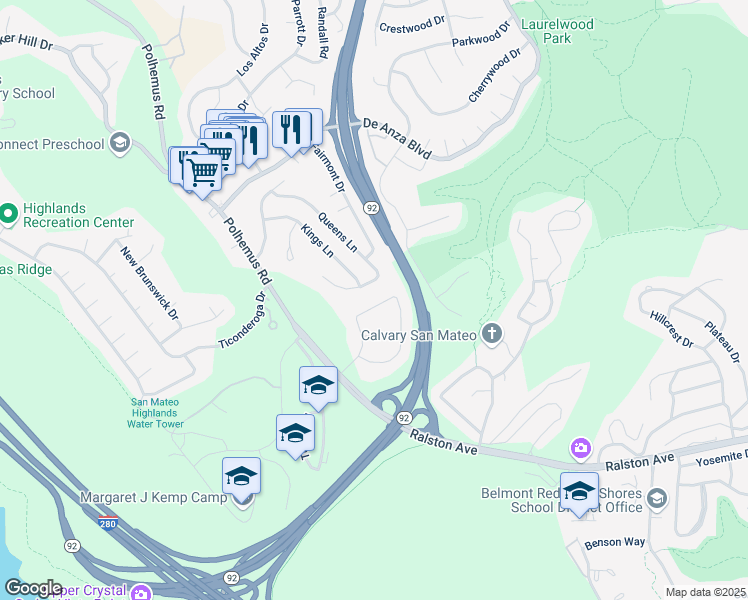map of restaurants, bars, coffee shops, grocery stores, and more near 48 Lakewood Circle in San Mateo