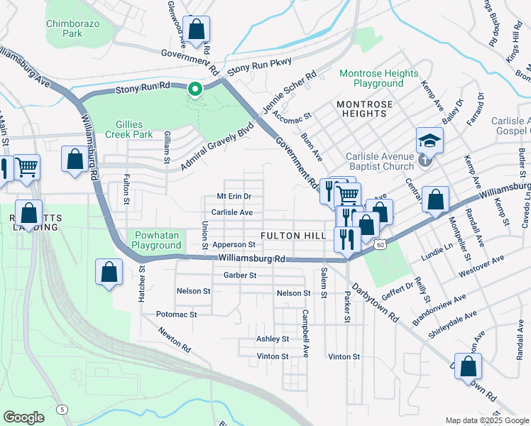 map of restaurants, bars, coffee shops, grocery stores, and more near 1416 Carlisle Avenue in Richmond
