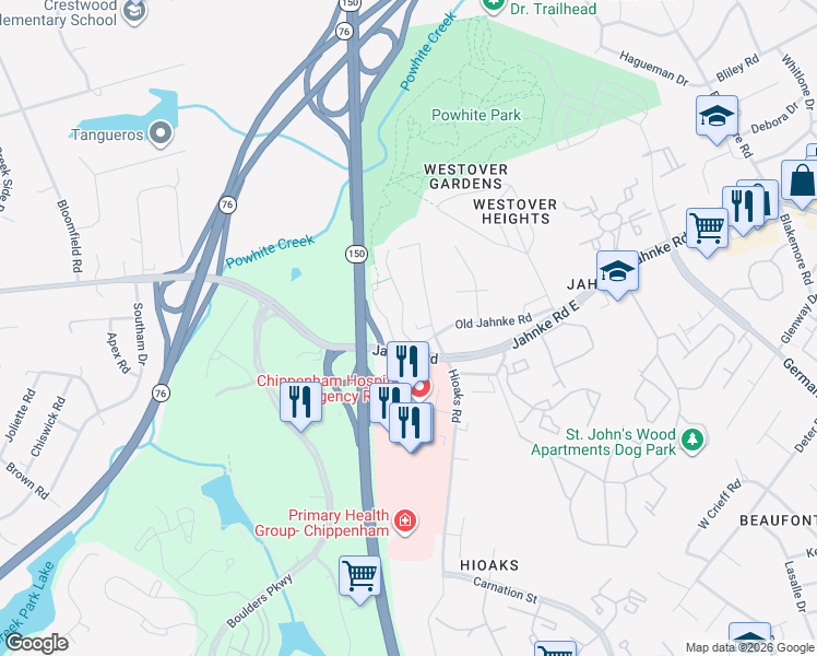 map of restaurants, bars, coffee shops, grocery stores, and more near 1201 Boulder Creek Road in Richmond