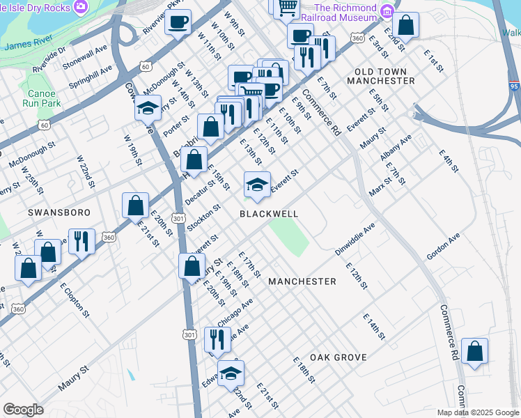 map of restaurants, bars, coffee shops, grocery stores, and more near 300 East 16th Street in Richmond