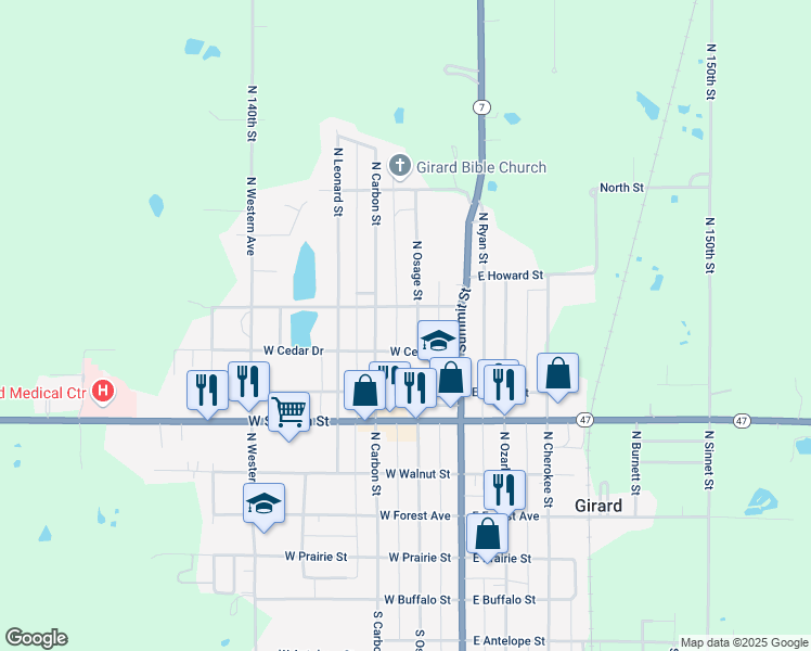 map of restaurants, bars, coffee shops, grocery stores, and more near 510 North Osage Street in Girard