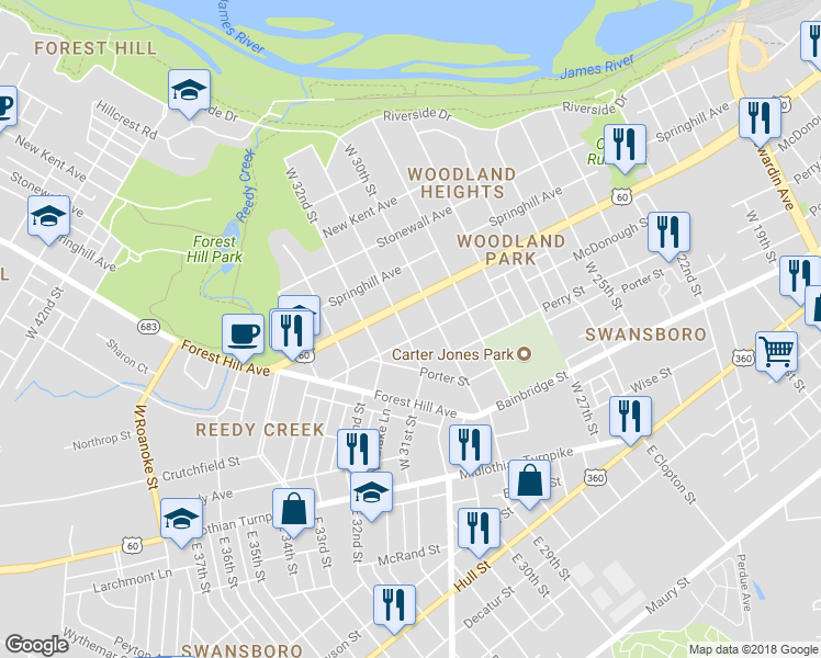 map of restaurants, bars, coffee shops, grocery stores, and more near 405 West 31st Street in Richmond