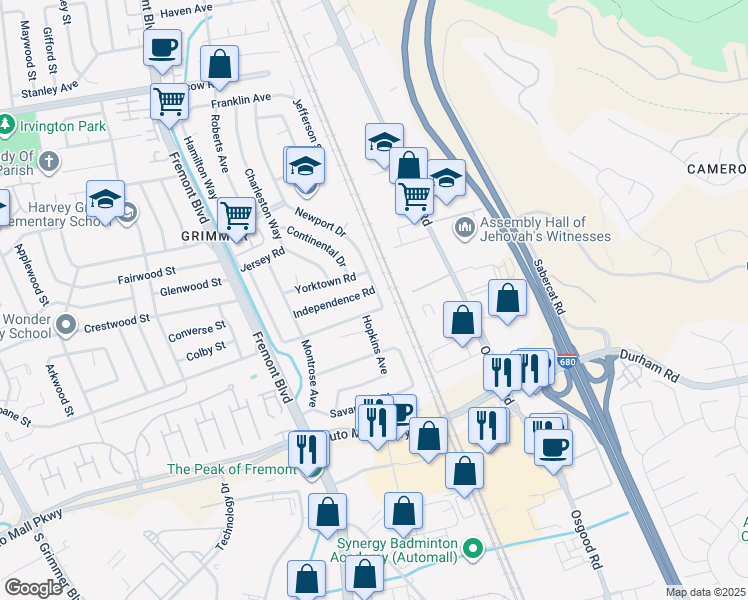 map of restaurants, bars, coffee shops, grocery stores, and more near 43437 Newport Drive in Fremont