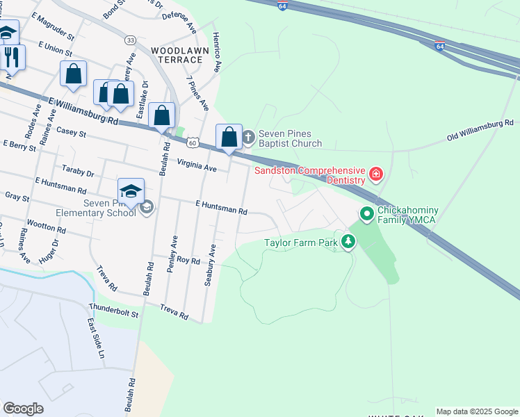 map of restaurants, bars, coffee shops, grocery stores, and more near 710 Huntsman Road in Sandston