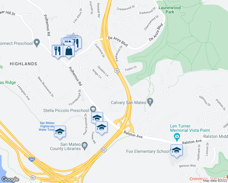 map of restaurants, bars, coffee shops, grocery stores, and more near 48 Lakewood Circle in San Mateo