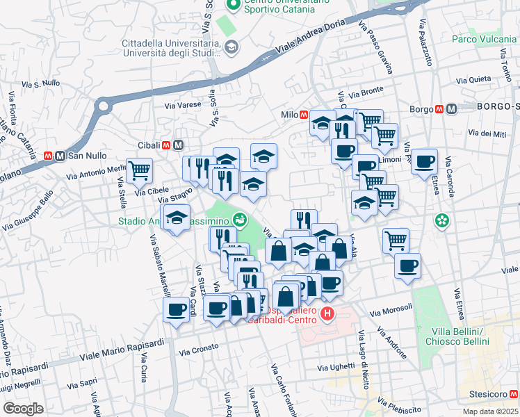map of restaurants, bars, coffee shops, grocery stores, and more near Via Cappuccini Vecchi in Catania