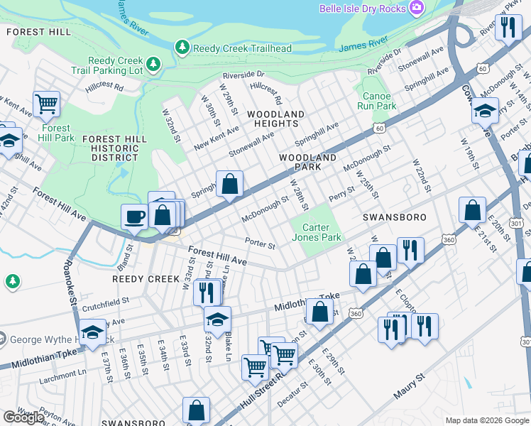 map of restaurants, bars, coffee shops, grocery stores, and more near 303 West 30th Street in Richmond