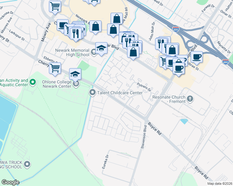 map of restaurants, bars, coffee shops, grocery stores, and more near 6378 Joaquin Murieta Avenue in Newark