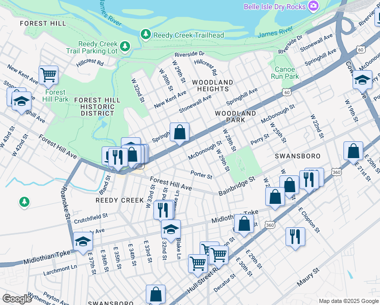 map of restaurants, bars, coffee shops, grocery stores, and more near 405 West 31st Street in Richmond