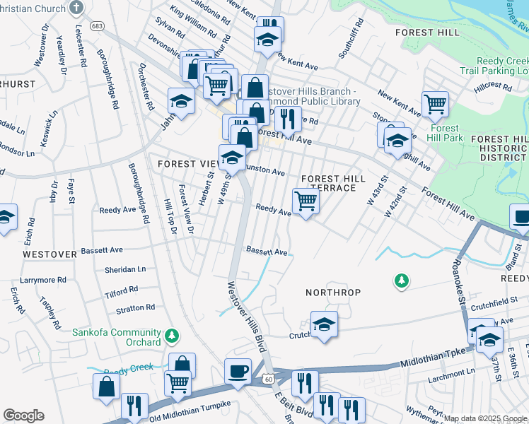 map of restaurants, bars, coffee shops, grocery stores, and more near 824 West 47th Street in Richmond