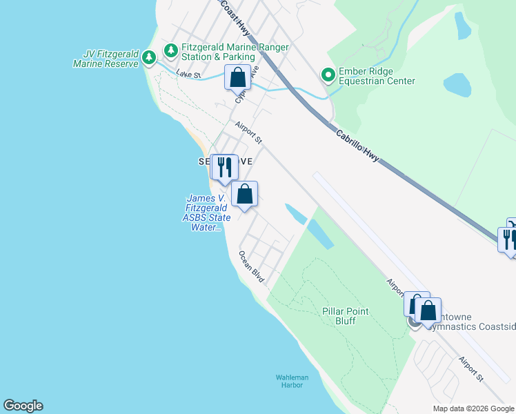 map of restaurants, bars, coffee shops, grocery stores, and more near 855 San Ramon Avenue in Moss Beach