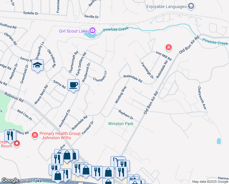 map of restaurants, bars, coffee shops, grocery stores, and more near 1579 Robindale Road in Richmond