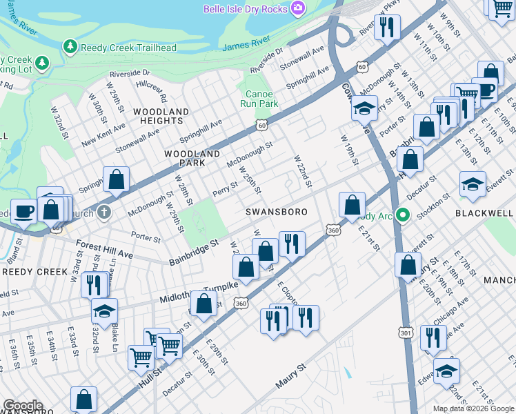 map of restaurants, bars, coffee shops, grocery stores, and more near 2513 Bainbridge Street in Richmond