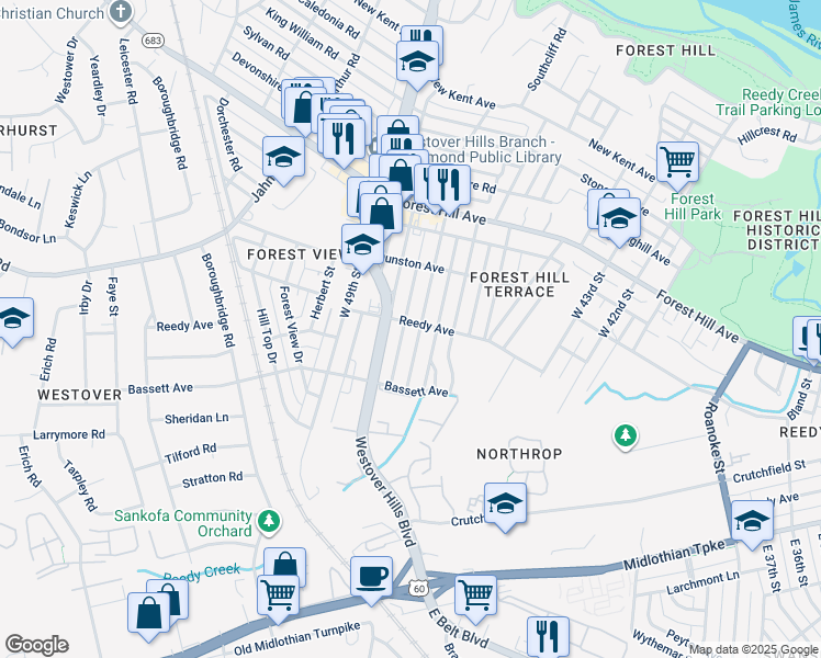 map of restaurants, bars, coffee shops, grocery stores, and more near 824 West 47th Street in Richmond