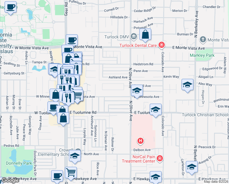 map of restaurants, bars, coffee shops, grocery stores, and more near 661 East Minnesota Avenue in Turlock