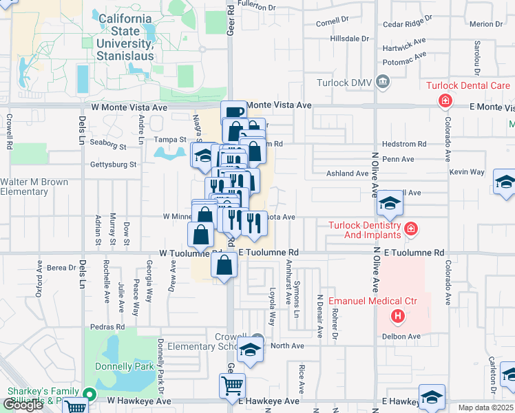 map of restaurants, bars, coffee shops, grocery stores, and more near 2602 Geer Road in Turlock