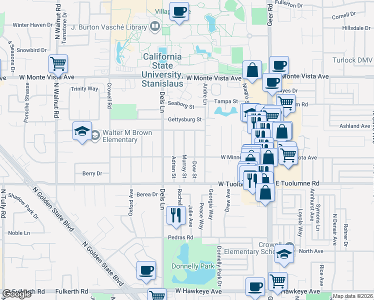 map of restaurants, bars, coffee shops, grocery stores, and more near 2601 Murray Street in Turlock