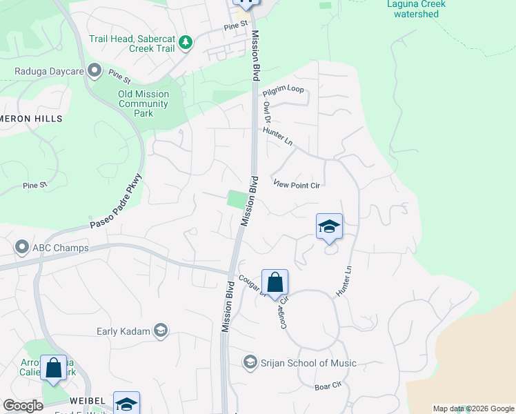 map of restaurants, bars, coffee shops, grocery stores, and more near 43600 Mission Boulevard in Fremont